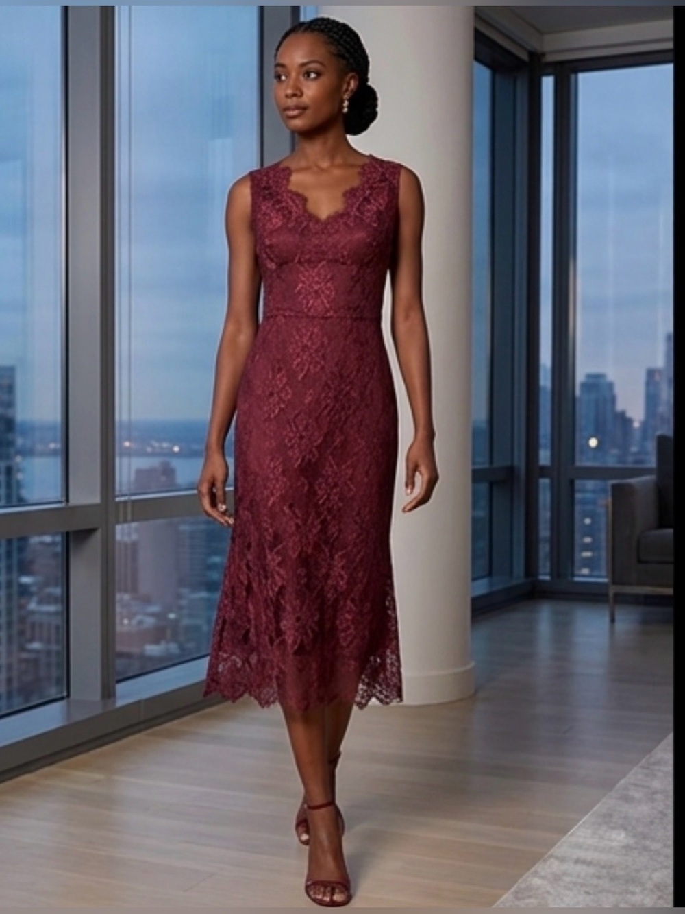 New David Meister Lace Burgundy Dress